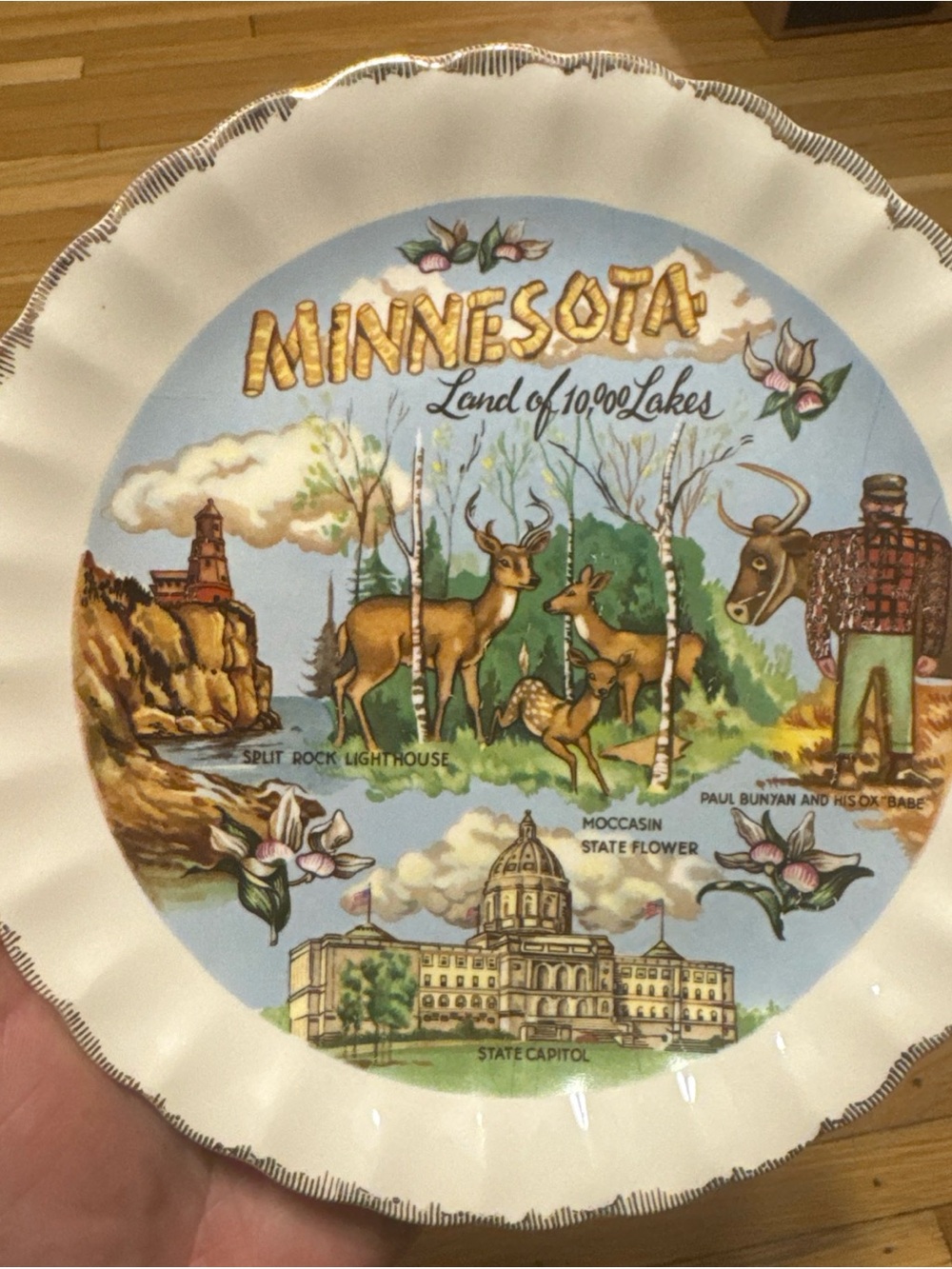 Vintage Souvenir Plate MINNISOTA Land of 10,000 Lakes Paul Bunyan, Split Rock
